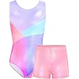 TENVDA Gymnastics Leotards for Girls 5-12 Years Old Sparkly Dance Tumbling Outfit Matching Shorts Set