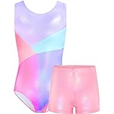TENVDA Gymnastics Leotards for Girls 5-12 Years Old Sparkly Dance Tumbling Outfit Matching Shorts Set
