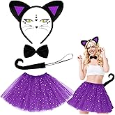 Newcotte 5 Pcs Black Cat Costume Set Cat Ears Tail Bowtie Sequined Tutu and Sticker for Adult Halloween Dress up