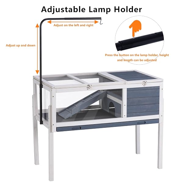 BIRASIL WOOD TORTOISE ENCLOSURE WITH ADJUSTABLE LIGHT STAND,2-TIER HABITAT REPTILE CAGE WITH SWIMMING AREA FEEDING AREA, TORTOISES HOUSE FOR SMALL ANIMALS LIZARDS HAMSTER (GRAY/WHITE)