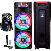 Mr. Dj USA Newyork+ 12" X 2 Rechargeable Portable Bluetooth Karaoke Speaker with Party Flame Lights Microphone TWS USB FM Radio + 7-LED Moving Head DJ Light