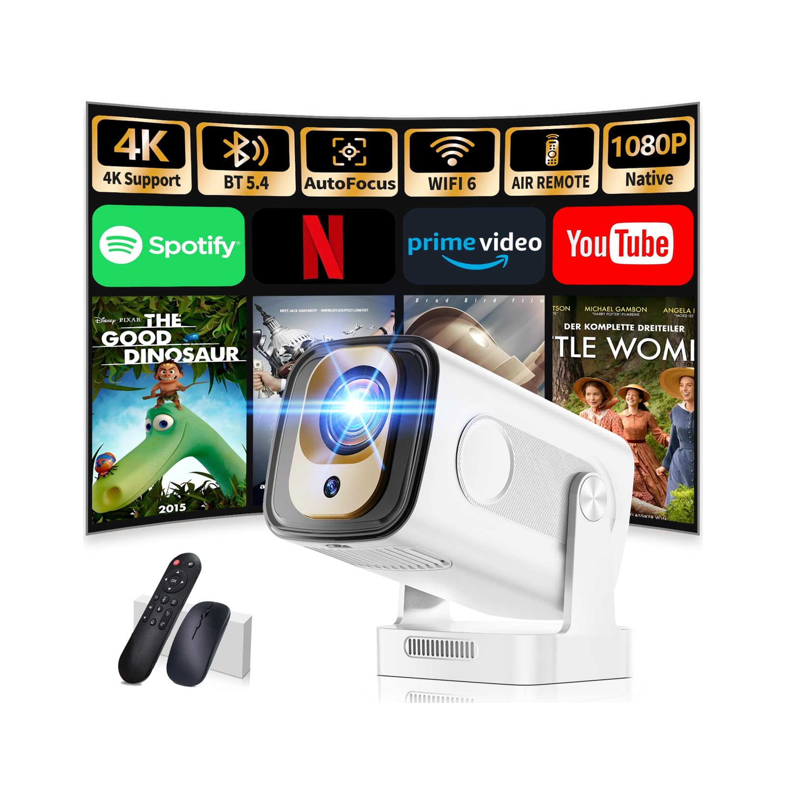 Photo 1 of ?Built-in Apps?Mini Projector 1080P with WiFi 6 and Bluetooth 5.4, 4K Full HD Projector Features Auto Focus & Keystone, Portable Projector Support 270° Rotatable, Compatible with Phone/HDMI/USB-White