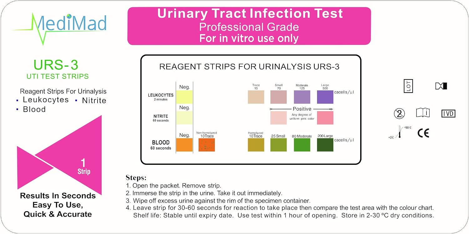 10 Pack - Urinary Tract Infection Urine Test Strips Tests 4 Key UTI Indicators, Leukocytes, Nitrites, Protein & Blood