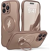 GolbinBox for iPhone 14 Pro Max Case for Women,[Compatible with Magsafe][360° Spin Magnetic Stand][Cute Wave Edge][Military-Grade Protection] Translucent Matte Phone Case for iPhone 14 ProMax, Brown