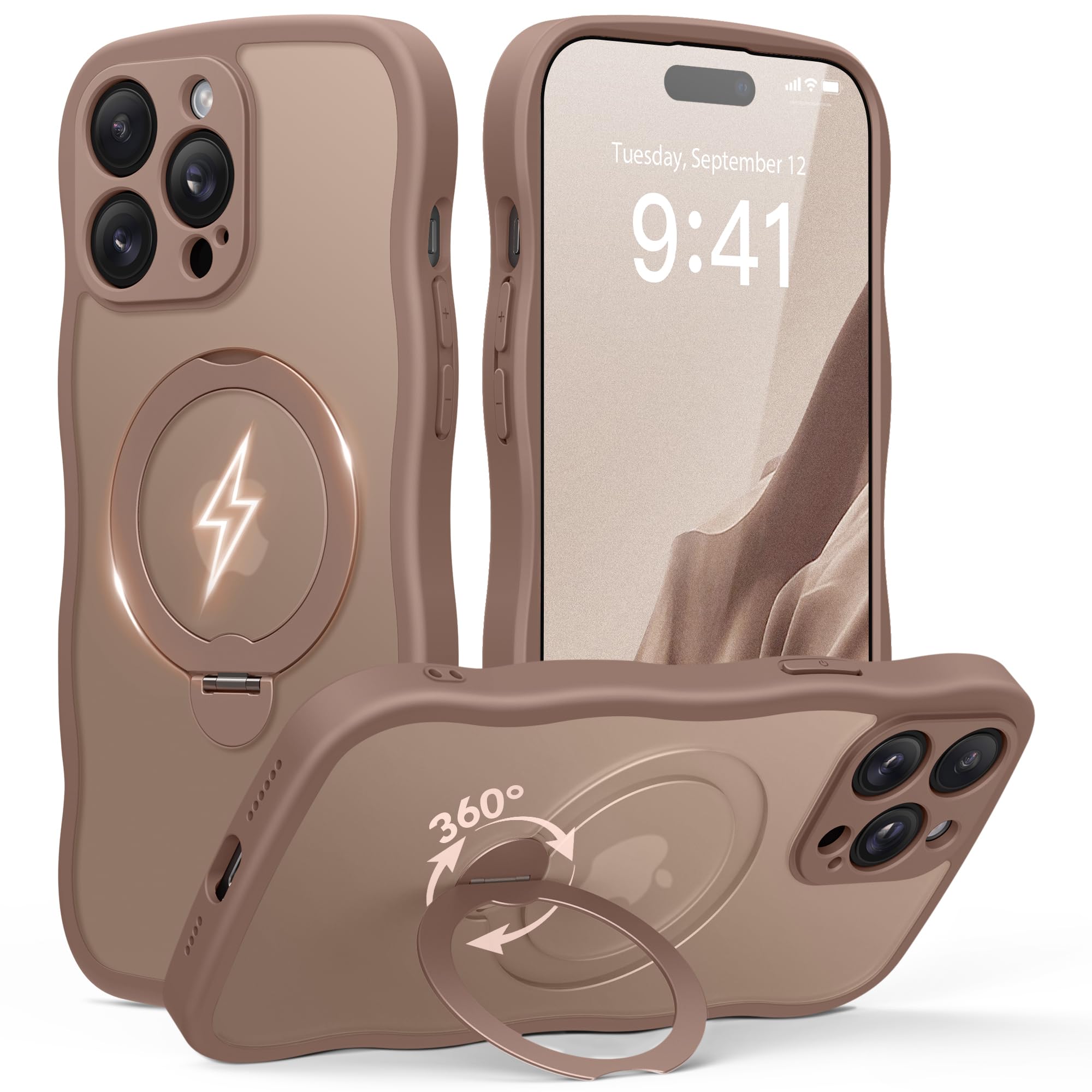 GolbinBox for iPhone 14 Pro Max Case for Women,[Compatible with Magsafe][360° Spin Magnetic Stand][Cute Wave Edge][Military-Grade Protection] Translucent Matte Phone Case for iPhone 14 ProMax, Brown