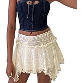 Women Lace Mini Skirt Y2k Fairy Asymmetrical Flowy Short Skirt Low Waist Pleated Ruffle Hem Layered Skirts