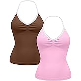 Relety Womens 2PK Halter Tank Tops V Neck Contrast Trim Impact Backless Longline Strappy Adjustable Gym Workout Top Padded
