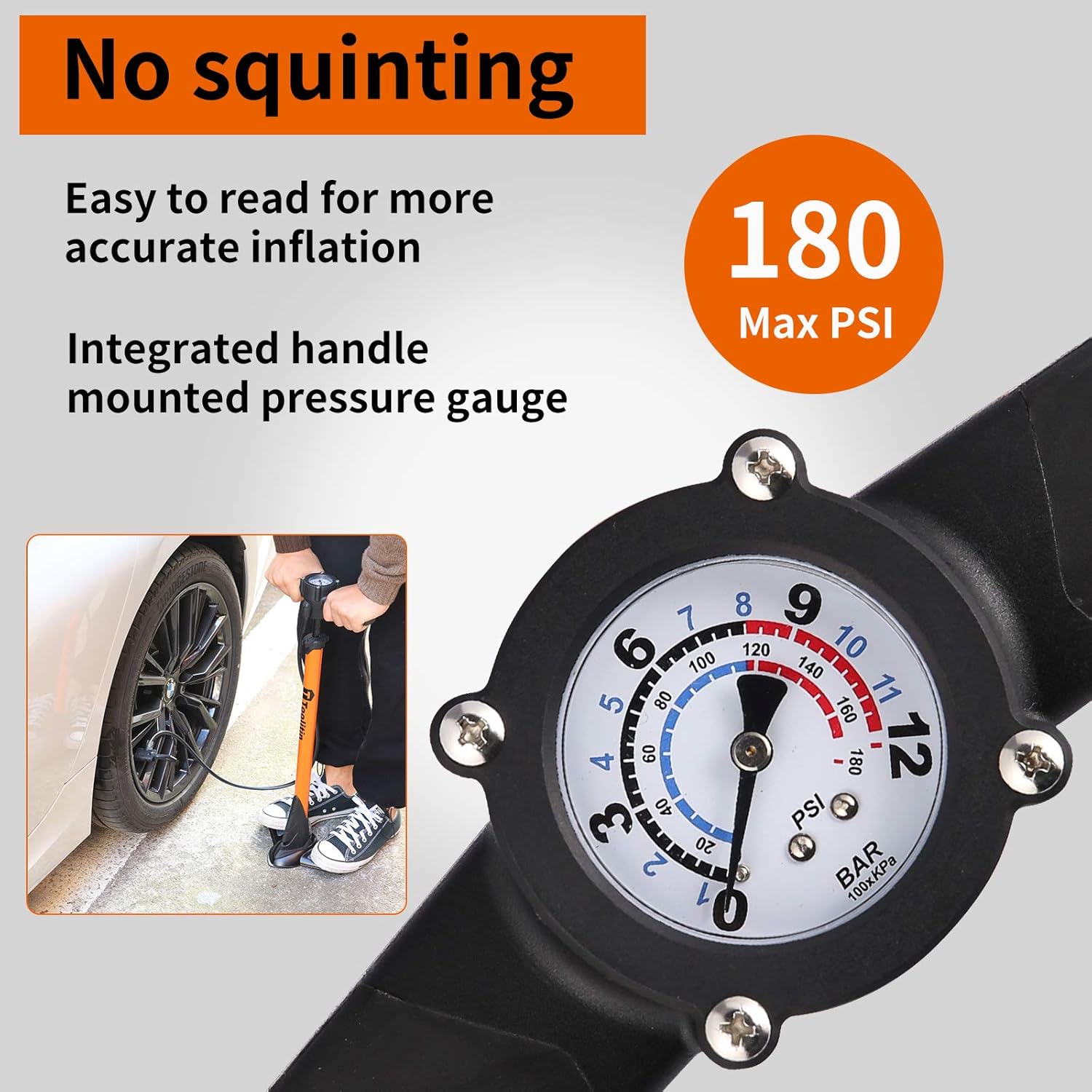 TOOLITIN Pro Bike Pump, Ergonomic Bicycle Pump with Integrated Handle Mounted Pressure Gauge, 180 Psi, Fits Presta and Schrader Valve : Sports & Outdoors