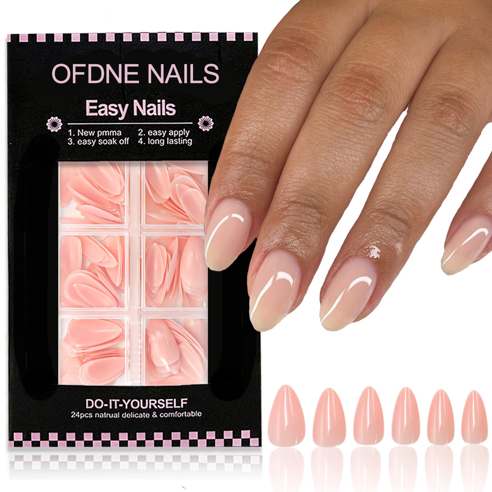 Photo 1 of 144 Pcs Nude Pink Short Press on Nails Almond OFDNE Shaped Fake Nails False Nails Glossy Glue on Nails Solid Colour Stick on Nails Natural Full Cover Acrylic Nails for Women Girls 12 Sizes