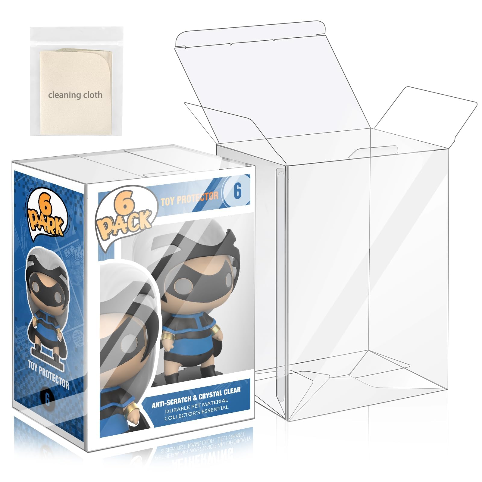 Photo 1 of 6 Pack Protector Cases for 4 Inch Figures, Crystal Clear Display Box with Lock - Dust, Fog, Scratch & Fingerprint Resistant, Flexible Shatterproof PET Plastic (Non-Yellowing), Includes Clean Cloth