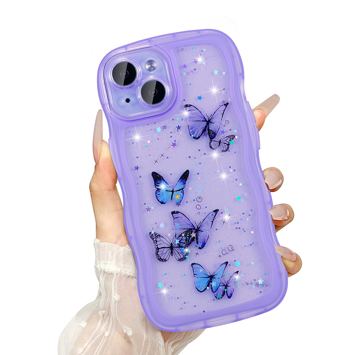 UEEBAI Wave Case for iPhone 15, Cute Bling Butterfly Case for Girl Women, Pretty Glitter Sparkle Stars, Clear Curvy Protective Shockproof Bumper Phone Cover - Purple