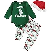 Amuver Newborn Baby Boy Christmas Outfit My First Christmas Long Sleeve Romper Bodysuit Pants Santa Hat 3Pcs Clothes Set