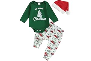 Amuver Newborn Baby Boy Christmas Outfit My First Christmas Long Sleeve Romper Bodysuit Pants Santa Hat 3Pcs Clothes Set