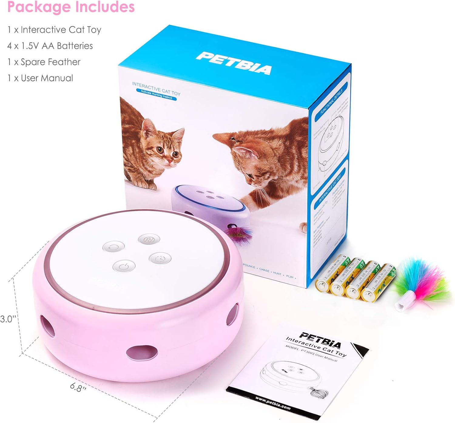 PETBIA Interactive Cat Toy, Electronic Automatic Cat Toys with Random Rotating Feather Pop and Play for Cats (15 Minutes Auto-Shut Off/Continuous Plays Available) - Pink : Pet Supplies