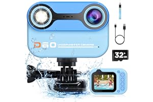 GOFUNLY Kids Camera Waterproof, 2.4'' HD 1080P IPS Scren Toddler Camera Underwater Birthday Gifts for Girls Boys 3-12 Years Old, Children Digital Action Camera with 32GB Card, Pool Toys for Kids, Blue