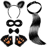 XLSXEXCL 6 Pieces Kids Raccoon Costume Accessories Set Animal Raccoon Ears Headband Claw Gloves Tail Bow Tie and Mask for Boys Girls Adult Halloween Christmas Carnival Cosplay Party Animal Suit