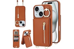 KYFSJPT Crossbody Wallet Case for iPhone 13/14, with Card Slots Zipper Pocket Case, Flip Folio Purse RFID Blocking with Ring Kickstand Detachable Strap-Brown
