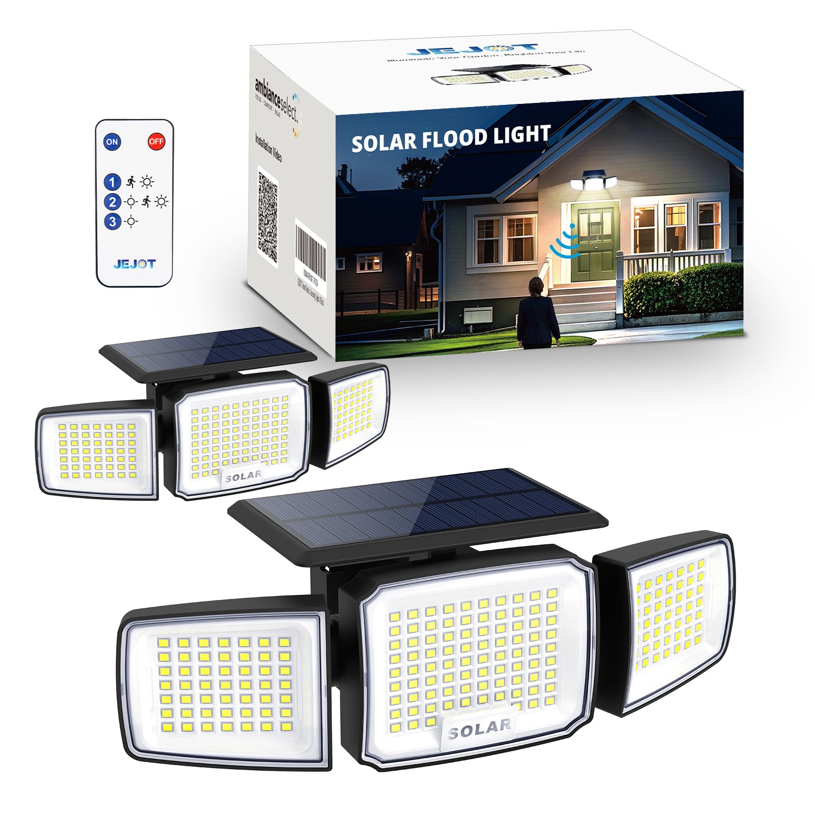 Photo 1 of JEJOT Solar Security Light Outdoor Super Bright LED w/Remote Control, Radar Motion Sensor Flood Light, 3 Heads 270° Wide Angle, IP65 Waterproof, 3 Modes (2 Packs)