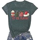SUEOSU Women Tis The Season Christmas Tree Snack Cakes Christmas Hats Coffee Santa Cute Xmas Tee Tops.