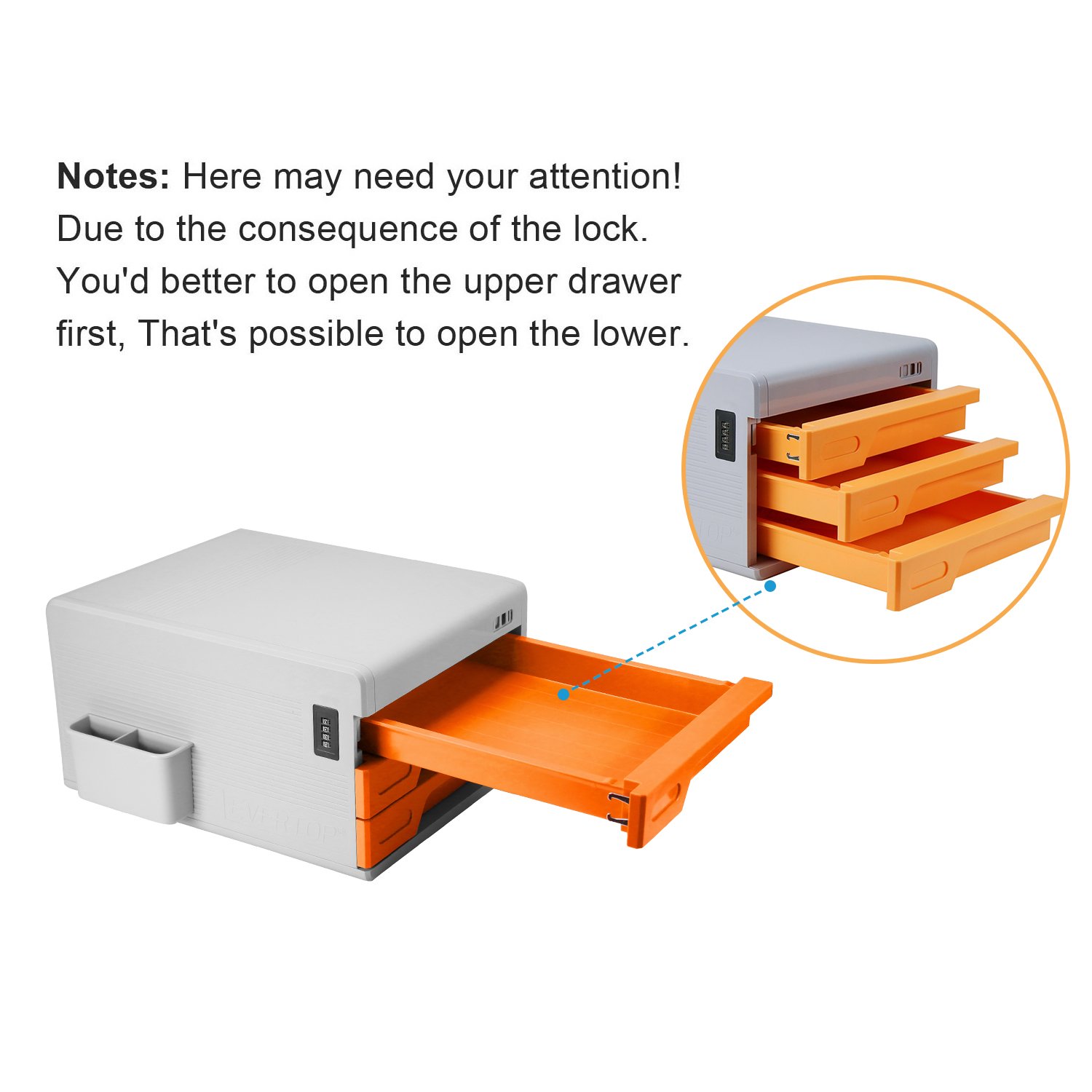 La Boîtes à fichier,Evertop Organiseur de bureau avec serrure à combinaison fichier armoire Fournitures de bureau Boîte de rangement de bureau avec rangement latéral (3 Tiroirs Orange)