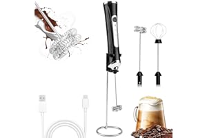 TonJin Milk Frother USB C Rechargeable New Upgraded Handheld Frother Wand with 2 304 Stainless Whisks 1 Stand, 3 Speeds Electric Coffee Whisk Frother for Lattes, Cappuccino, Egg, Matcha, Black