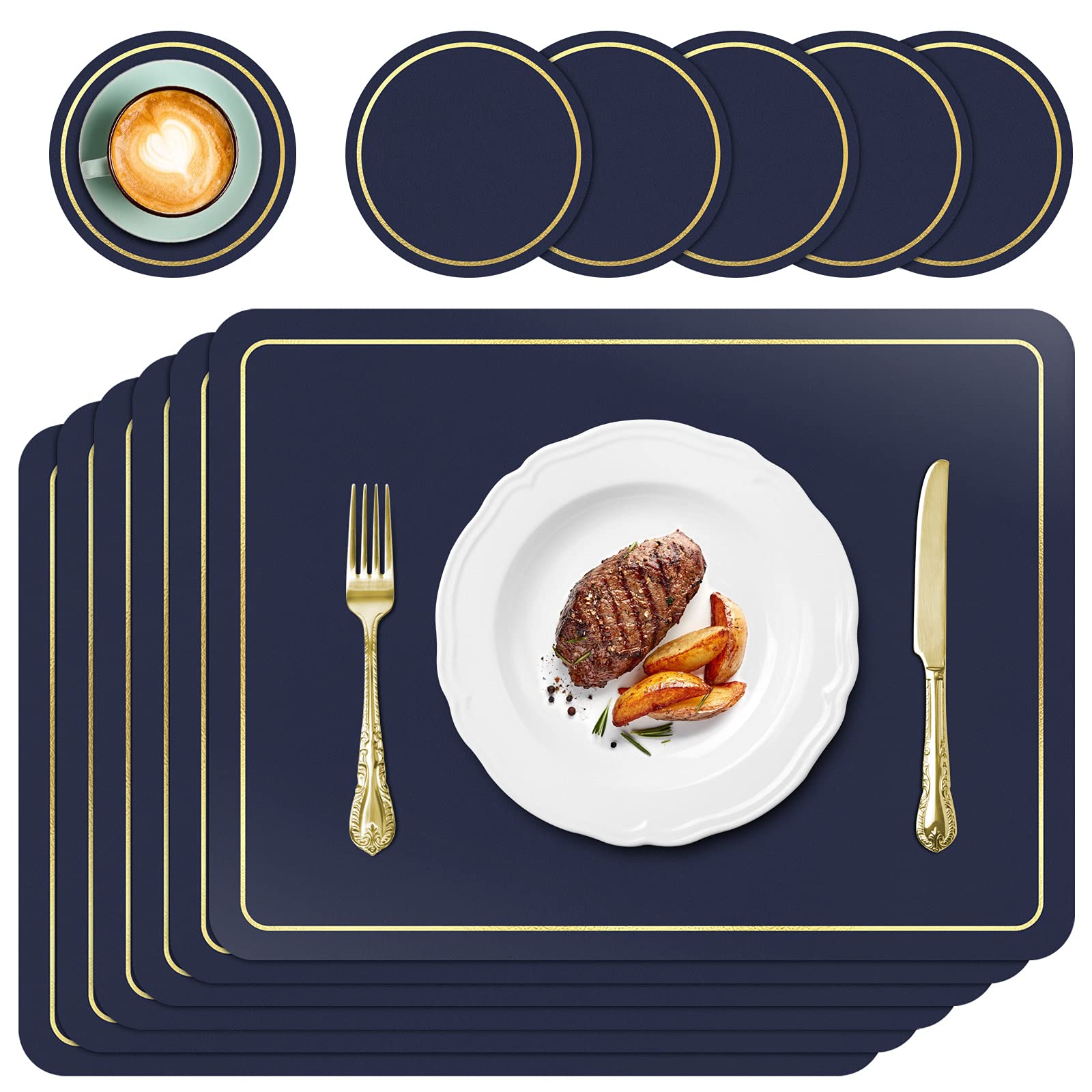 APLKER Placemats and Coasters Set of 6, PU Leather Heat Resistant Washable Non-Slip Waterproof Table Mats for Kitchen Dining Table Home Décor 16.9 x 11.8 inches (Navy Blue)