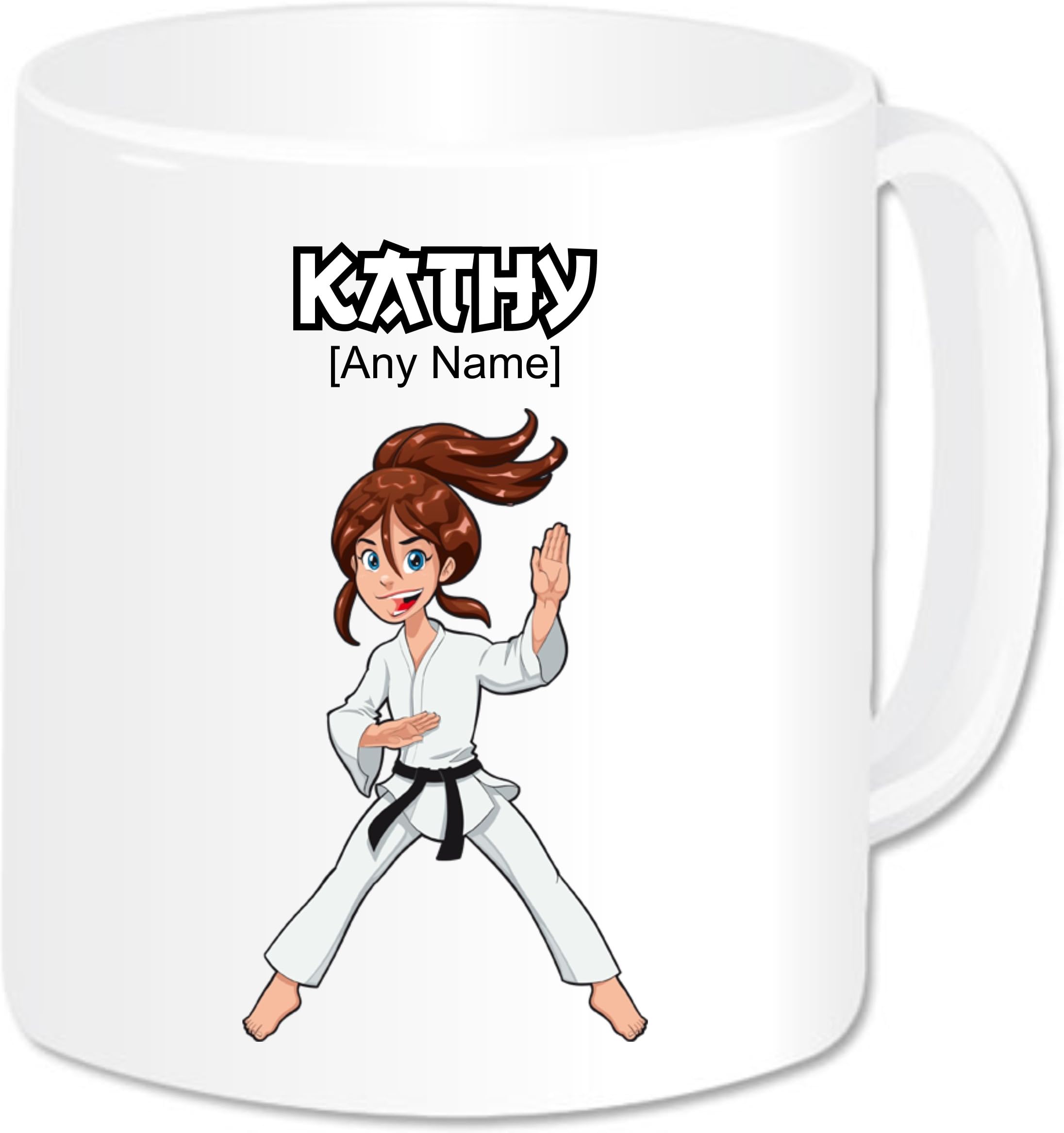 Personalised Gift - Karate Girl Mug (Any Name Any Message). Martial Arts Japanese Self Defence Combat Fighting Fighter Palm Kung Fu Kungfu Themed Design (White Handle & Rim)