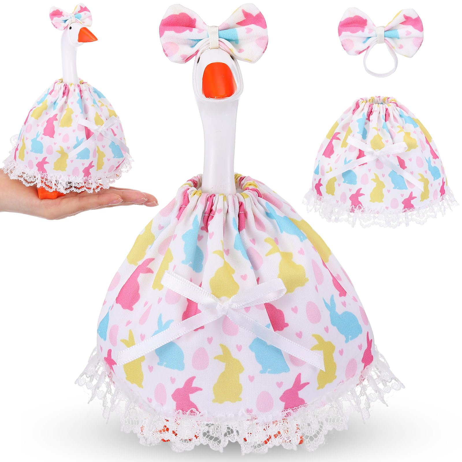 Sunnymove Easter 7 Inch Mini Desk Goose Outfits Bunny Dress and Hat Easter Desk Goose Costume Magnetic Geese Key Holder Costume for Duck Statue Decor (Bright Colors,Adorable Style)