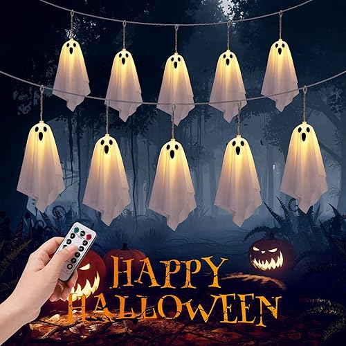 10pcs Ghost Halloween Decoration Outdoor - Halloween Ghost String Lights Decor, Battery Operated, 8 Modes, for Holiday Party Indoor Outdoor Home Festival Decoration