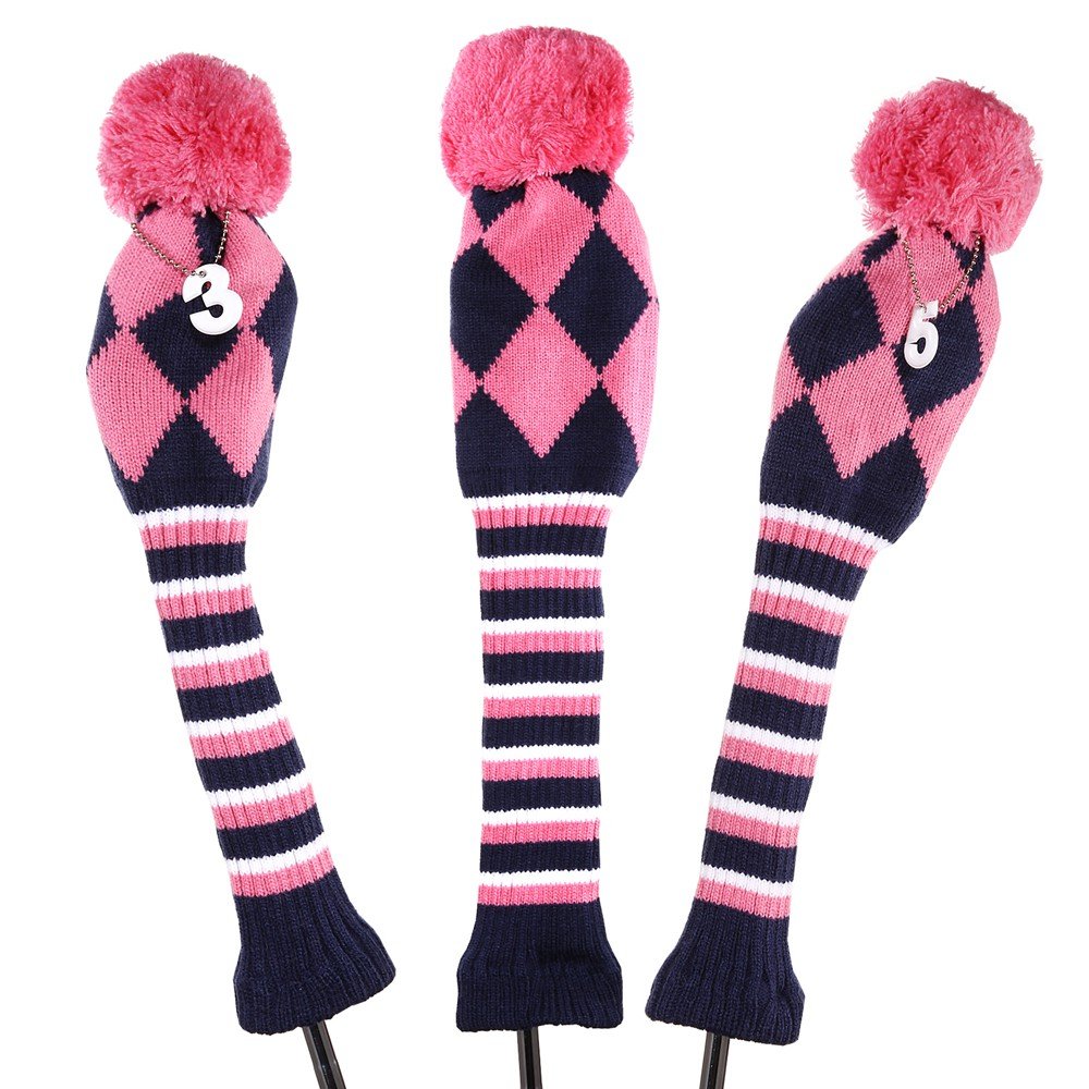 3pcs/Set Knit Golf Driver Wood Head Covers for 440cc driver, 460cc driver (Pink)