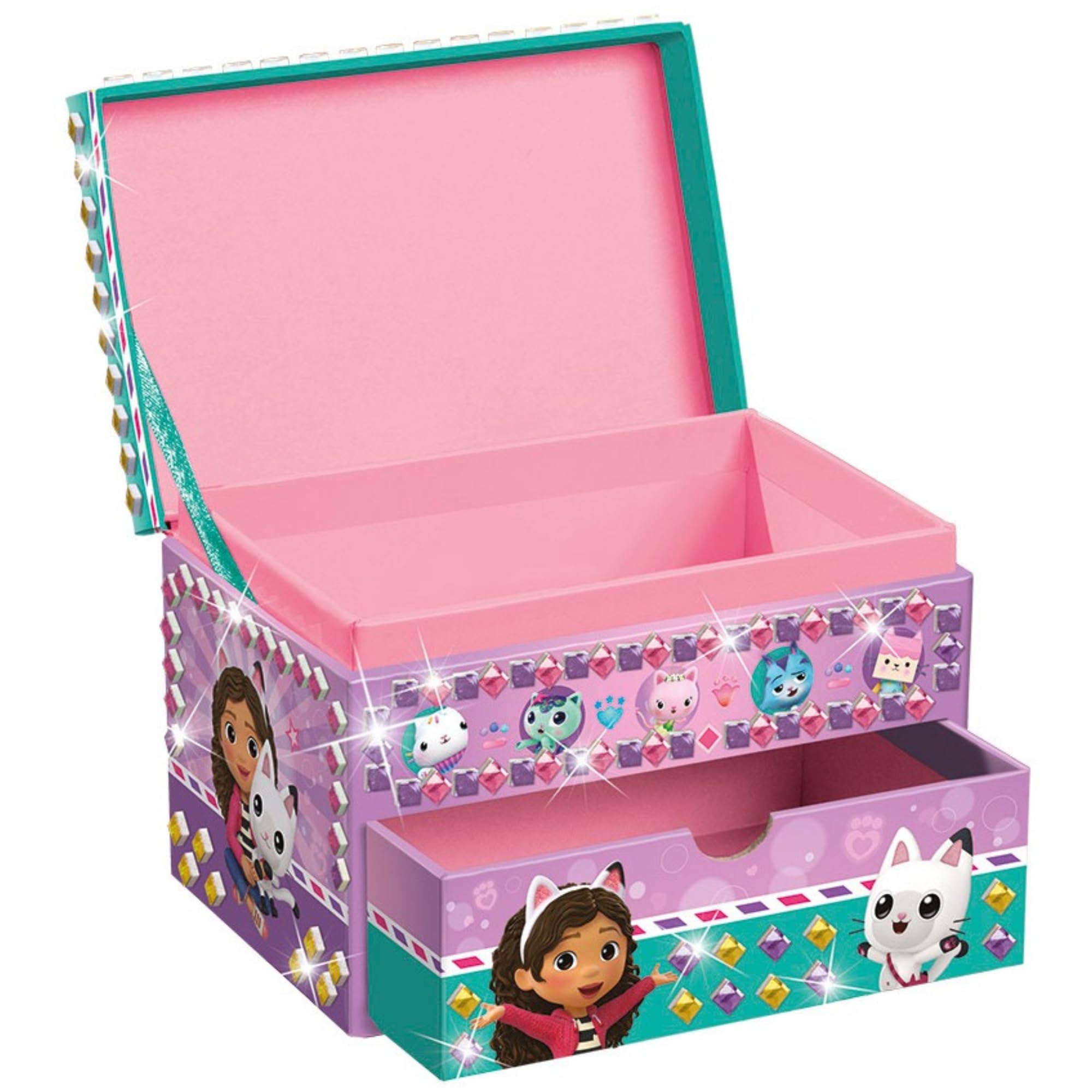 Totum Gabby's Jewellery Box, Children's Jewellery Box in Pink, Gold, Purple & Green with Drawer, Netflix Gabby's Dollhouse Motifs, Girls Jewellery Storage