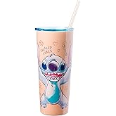 Silver Buffalo Disney Lilo and Stitch Island Doodles Chilled Vibes Double Walled Stainless Steel Tumbler with Straw, 22 Ounces