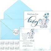 Zhanmai 50 Sets Baby Shower Thank You Gift Cards 50 Elephant Themed Baby Shower Thank You Notes with 50 Envelopes and 50 Stickers for Boys Girls Gender Reveal Party(Blue)