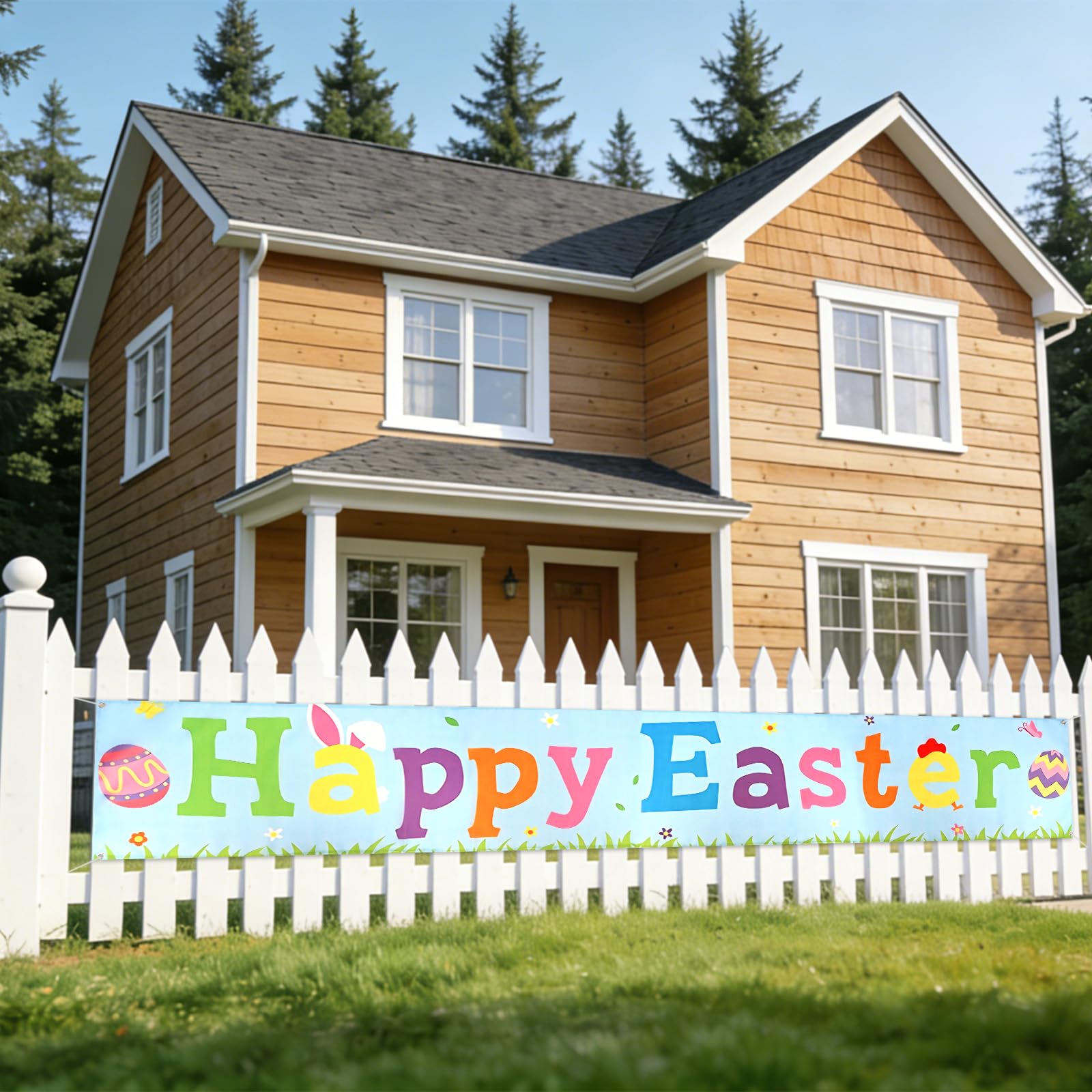Happy Easter Banner - Large Bunny Egg Themed Easter Bunting, Outdoor Spring Party Decoration for Garden Yard Home Decor
