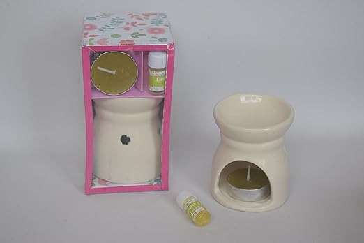Pure Source India Ceramic Small Aroma Set With 3 ml Lemon Grass Aroma Oil And 1 Tea Candles (Clay Burner Set)