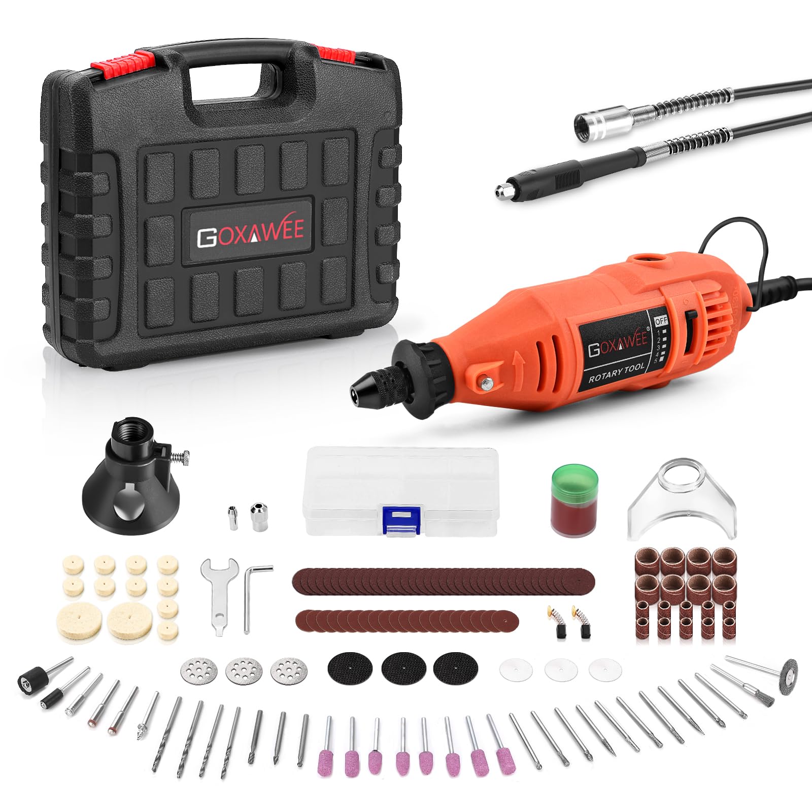 Photo 1 of GOXAWEE Rotary Tool Kit with Keyless Drill Chuck and Flex Shaft, Variable Speed Electric Multiuse Tool & 140 Accessories for Cutting, Drilling, Engraving, Grinding, Sanding, Polishing, Crafts, and DIY