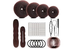Hair Bun Maker Set, Includes 20 Invisible Hair Nets, 4 Dark Brown Hair Donut Bun Making Kit, 5 Hair Elastics, 20 Hair Clips, 