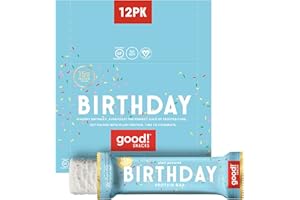 good! Snacks Birthday Cake Vegan Protein Bar, Soy & Gluten Free, Plant Based, Low Sugar, 15g Clean Protein, Natural Healthy Superfood Snack, Kosher Friendly, For Athletes & Active Lifestyles, 12 Bars