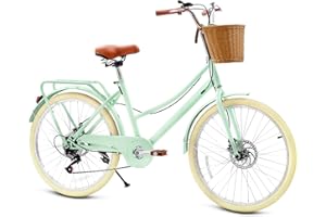 DEYGIA Kids Bike, Retro Cruiser Bike for Girls, 20 24 Inch 7-Speed Kids Bicycles for Ages 6-14 Girls Youth with Rattan Basket, Dual-Disc Brake Carbon Steel Frame Lightweight Bicycle, Multiple Colors
