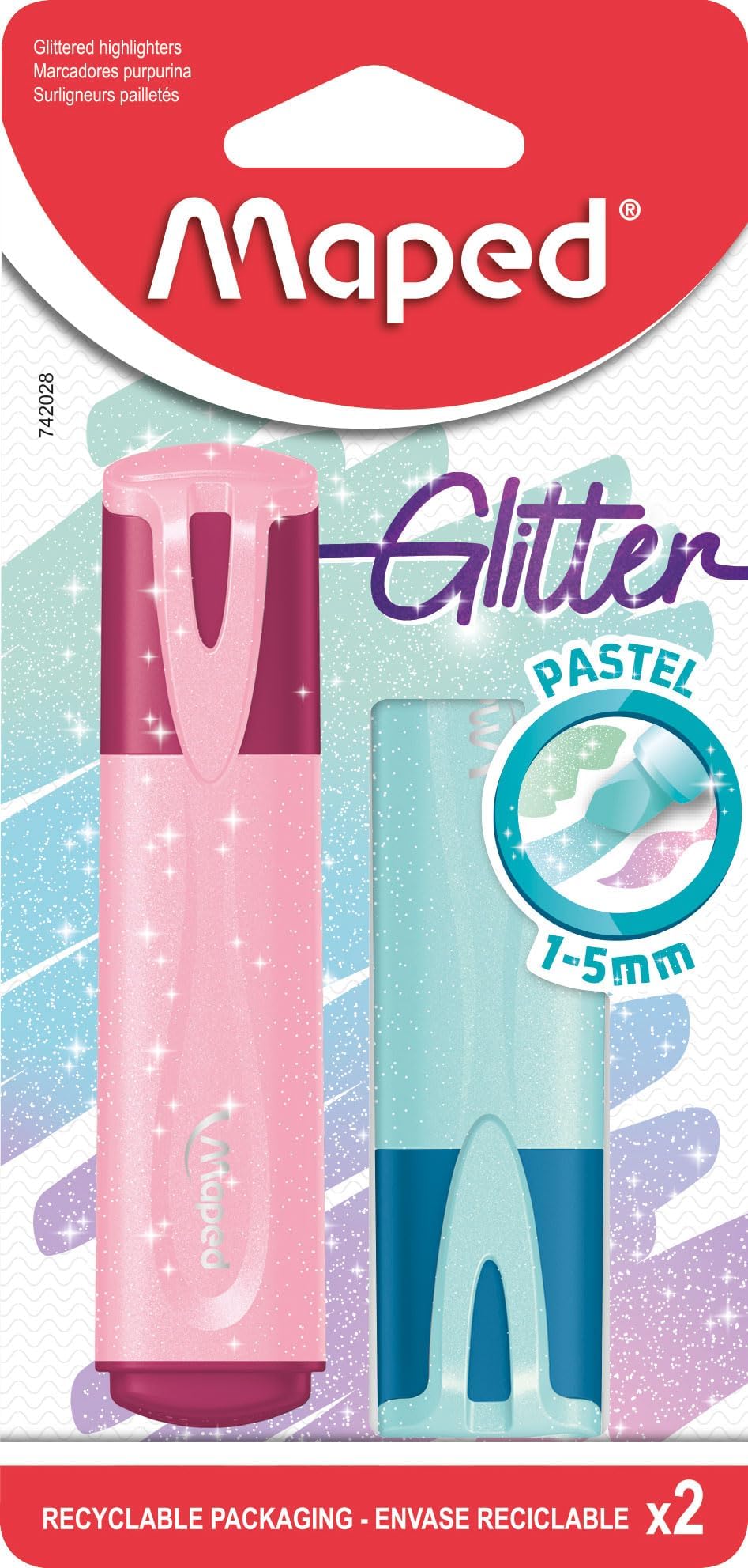 Maped Pastel Glitter Highlighter Pens Pack of 2 Assorted Colours