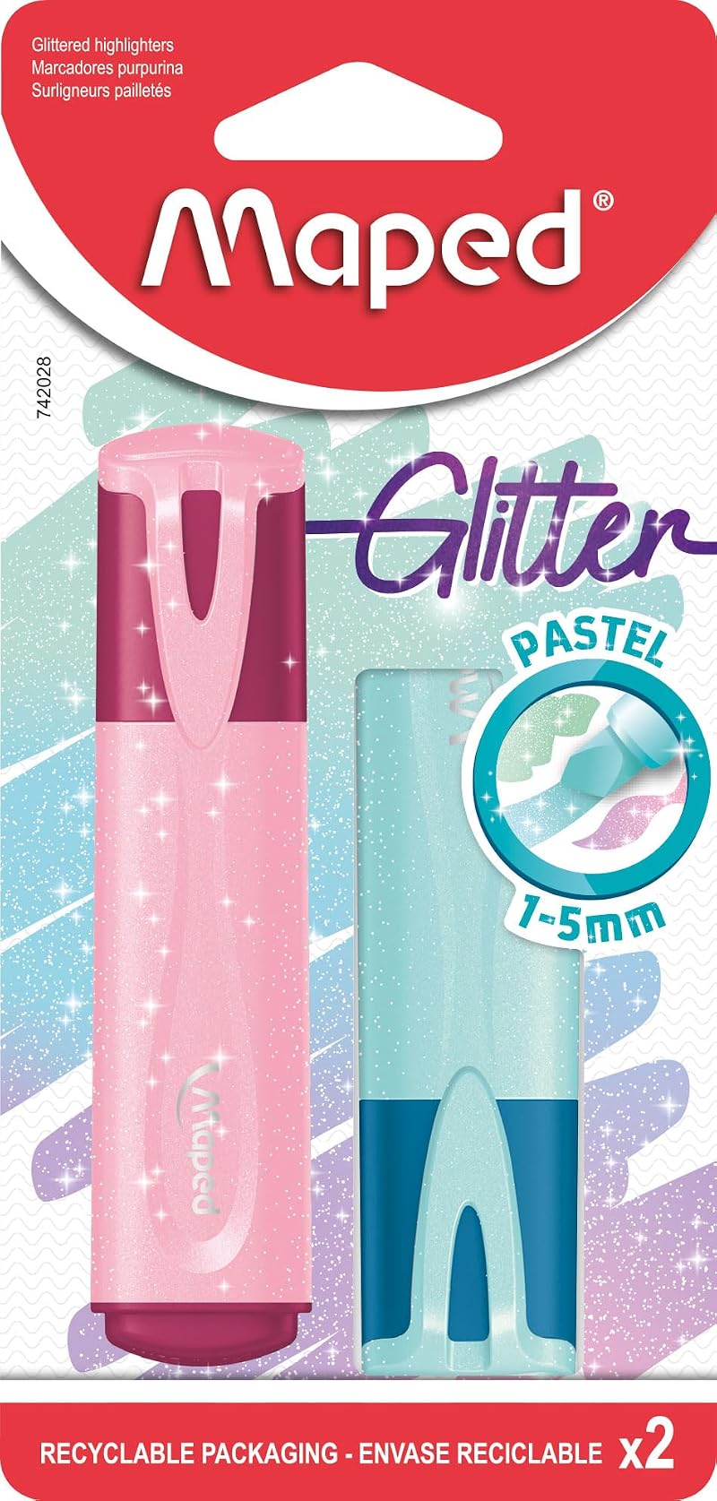Maped Pastel Glitter Highlighter Pens Pack of 2 Assorted Colours
