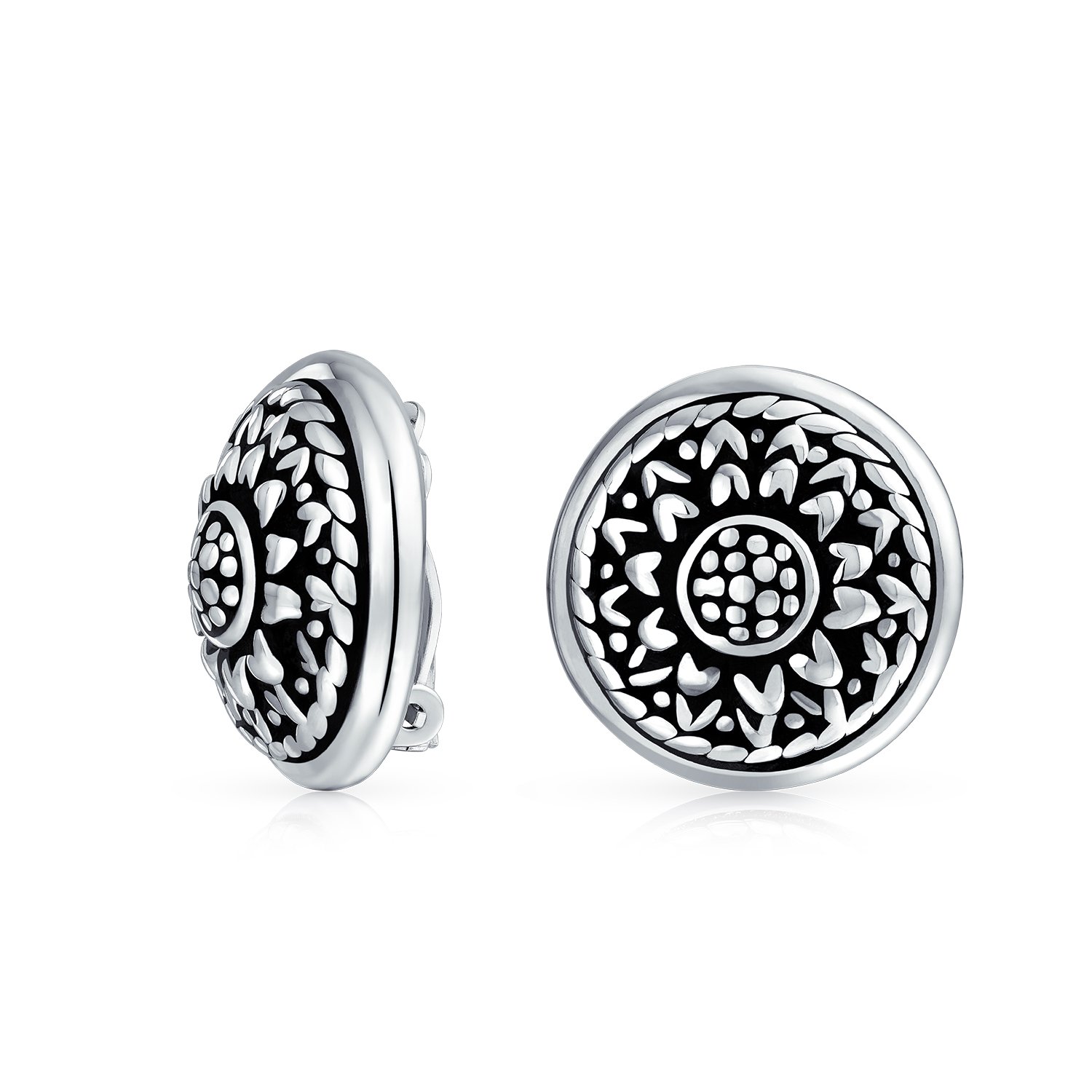 Bali Style Lightweight Medallion Round Disc Flower Sunflower Clip On Earrings For Women Non Pierced Oxidized .925 Sterling Silver