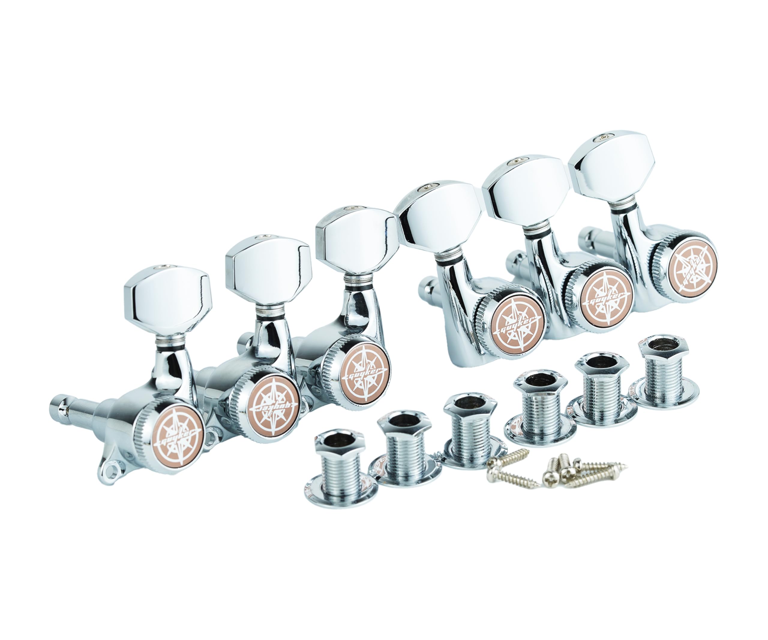 Guyker 6Pcs Guitar Locking Tuners (3L + 3R Handed) - 1:18 Ratio Lock String Tuning Key Pegs Machine Heads with Hexagonal Handle Replacement for LP SG Style Electric, Folk or Acoustic Guitars- Chrome