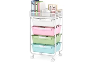 SYKIARIOL Rolling Cart with 4 Drawers,4 Tiers Rolling Utility Cart Craft Cart,Rolling Storage Drawer Cart with Mesh Top,Storage Cart with Drawers & 4 PCS DIY Lable, Classic Colorful