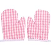 DOITOOL 2Pcs Kids Oven Mitts for Children Play Kitchen, Microwave Oven Gloves Kitchen Baking Mitts, Red Checkered Heat Resistant s for Safe Backing Cooking BBQ (Pink Checkered)