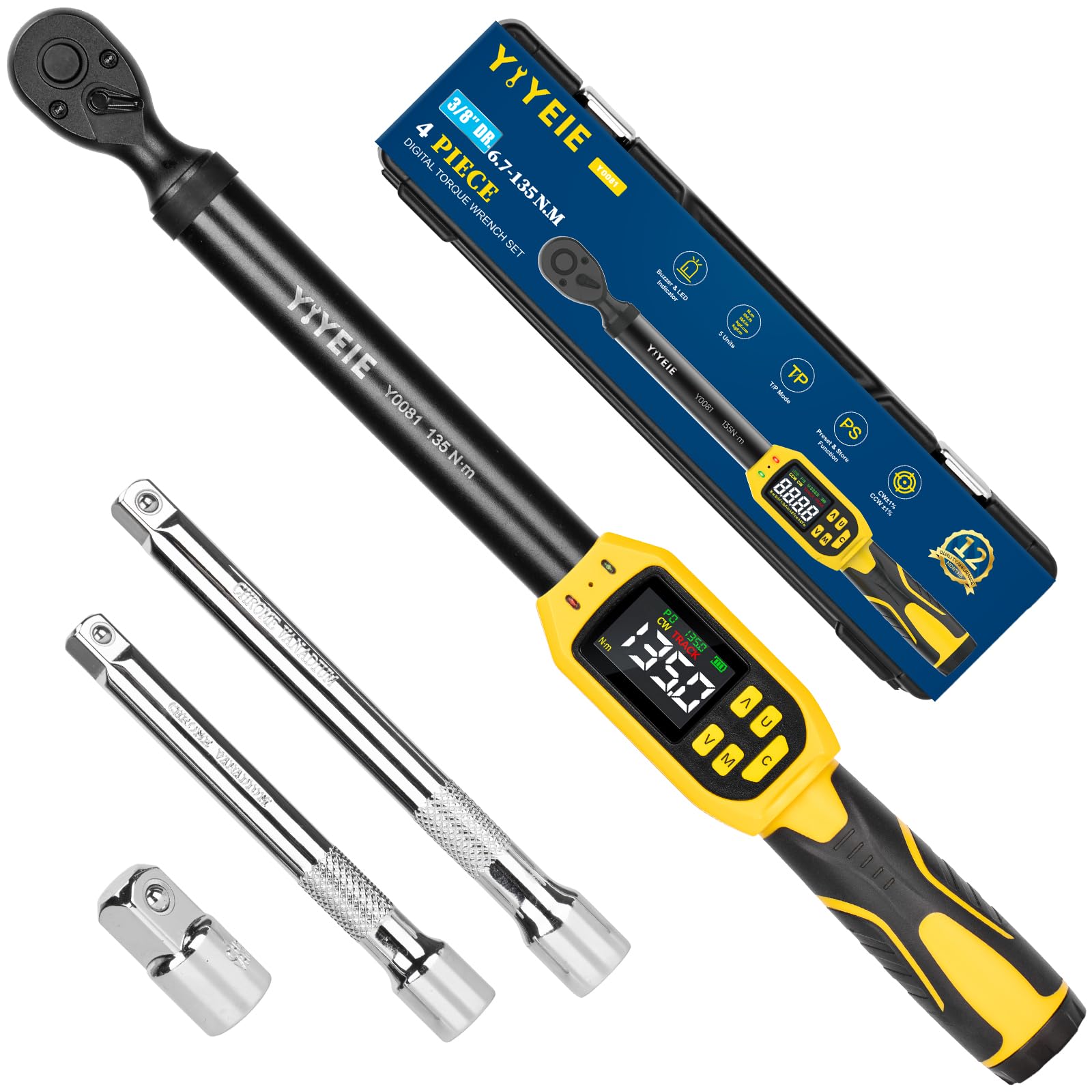 Photo 1 of YIYEIE Digital Torque Wrench 3/8" Drive | 5-99.5 ft-lb | ±1% Accuracy | Smart Alert Multi | Electric Torque Wrench Digital for Bike/Moto/Auto, 2 Extension Bars Reach Tight Spaces