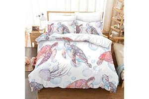 Feelyou Pink Turtle Duvet Cover Set, Sea Animal Seaweed Pattern Printed on White Comforter Cover, Premium Microfiber 2 Piece 