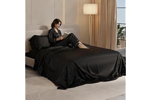 Stoa Paris Queen Size 4 Piece Satin Sheet Set, 300TC Flat & Deep Pocket Fitted Cooling Sheets, 2 Pillow Covers, Skin & Hair Friendly, Bedroom Essentials, Aesthetic Home Decor, Date Night - Black