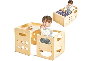 YOJOKER 2 in 1 Montessori Weaning Table and Chair Set, Wooden Toddler Table and Chair Set with Blackboards, Adjustable Height Chair Step Stool,1-3 Year Old Kids Montessori Furniture for Boys and Girls