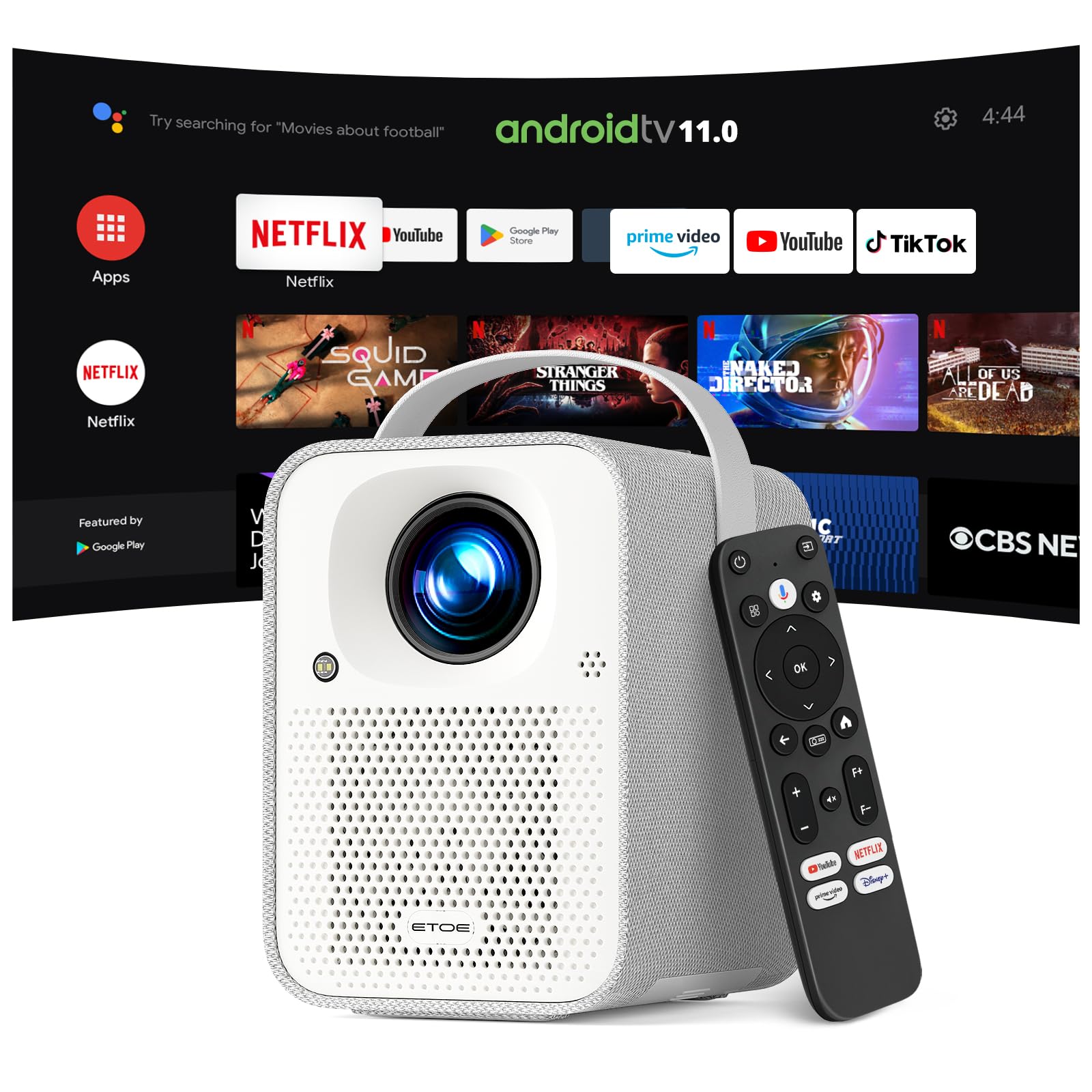 ETOE Portable Projector - Native 1080P, 500 ANSI Lumens, Android TV 14.0, Netflix & Disney+ Certified, Dolby Audio, Auto Focus & Keystone Correction,2 * 5W speaker, Quiet Operation